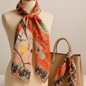 Vintage Whimsical Carnival Print Silk Scarf | Novelty Art Peanuts Theme *FLAW*